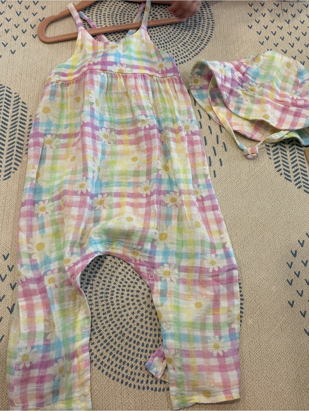 Angel Dear Pastel Floral Gingham One-Piece Romper with Sun Hat